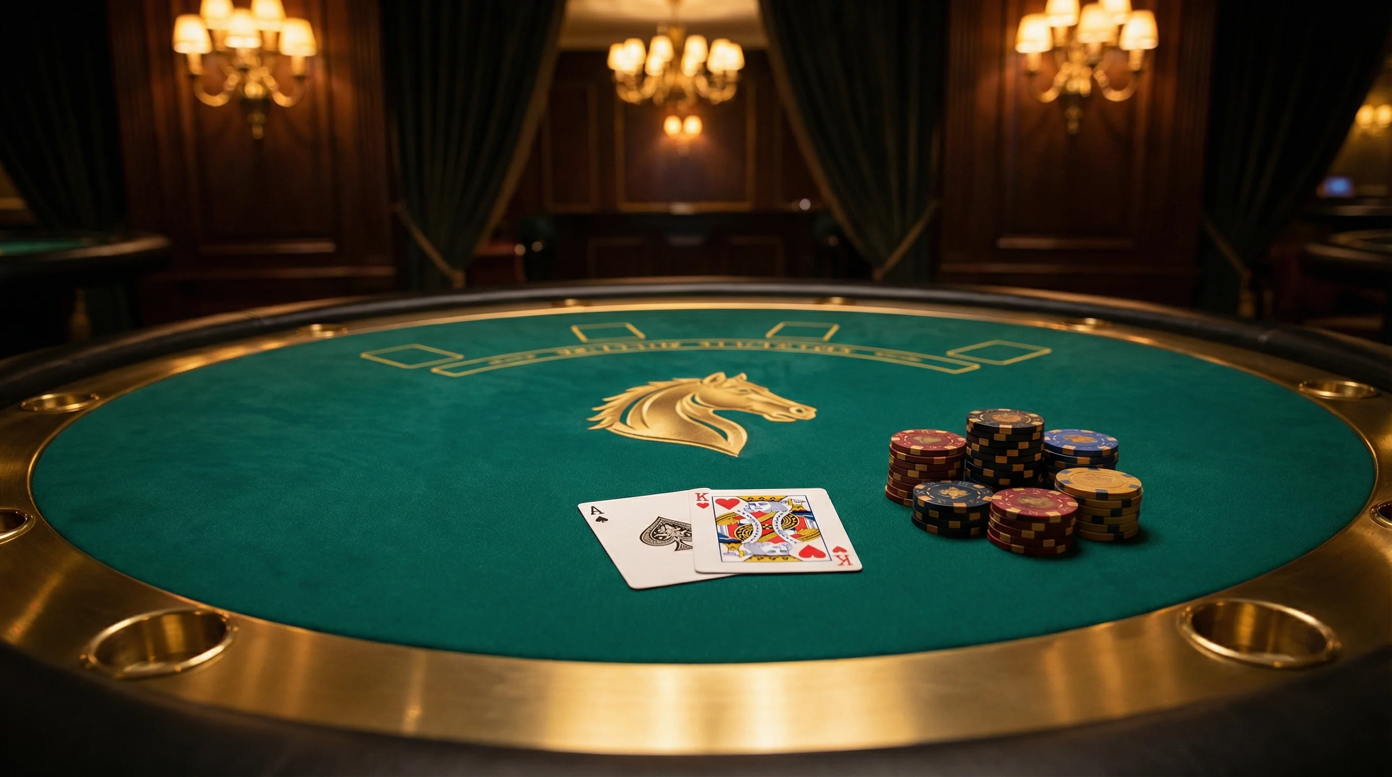 Mesa de blackjack elegante com cartas e fichas no mgmbet casino